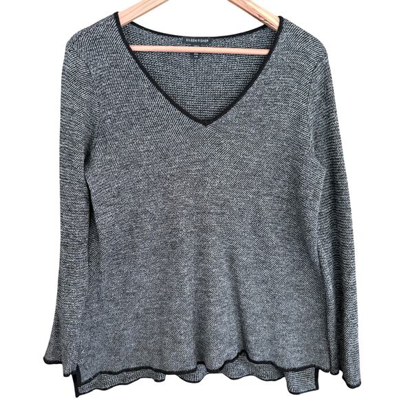 Eileen Fisher V Neck Wool Linen Sweater L Black White Capsule Minimalist - Picture 1 of 6
